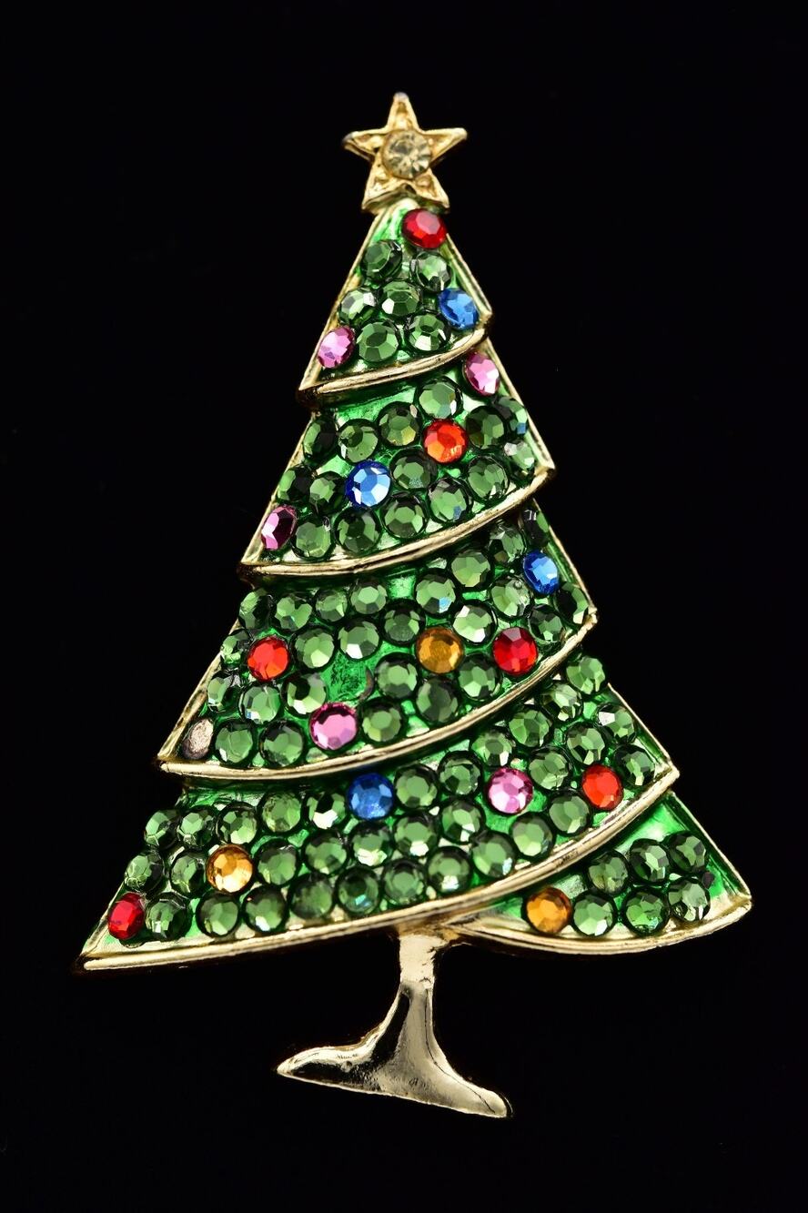 Weiss Vintage Christmas Tree Brooch Pin Green Rhinestone Crystal Signed BinAT